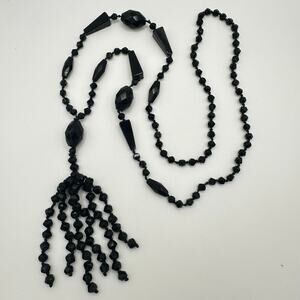 Antique 1920s Art Deco black Czech glass beads beaded tassel necklace